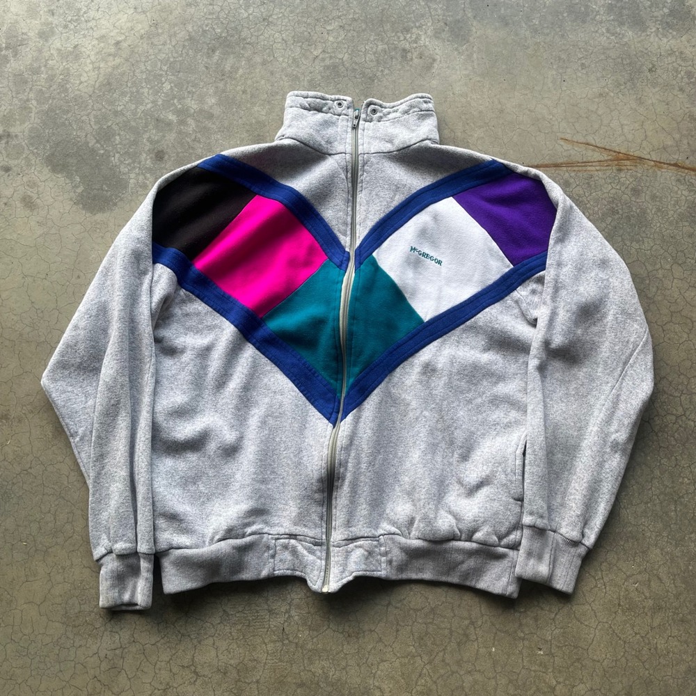 Vintage McGregor Colorblock Chevron Full Zip Sweatshirt Gray Pink Teal XL